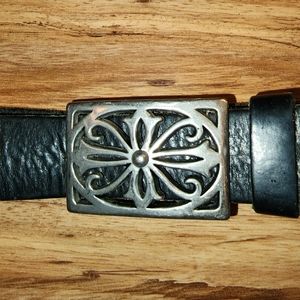 Silver chrome hearts look belt buckle with black leather belt